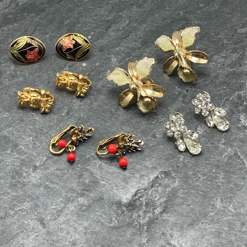 CLIP-ON Women’s Vintage Bundle 5x pairs earrings silver gold cloisonné